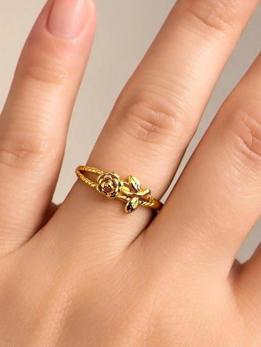 Delicate Gold Tone Floral Wrap Ring with Rose & Leaf Design Size 8